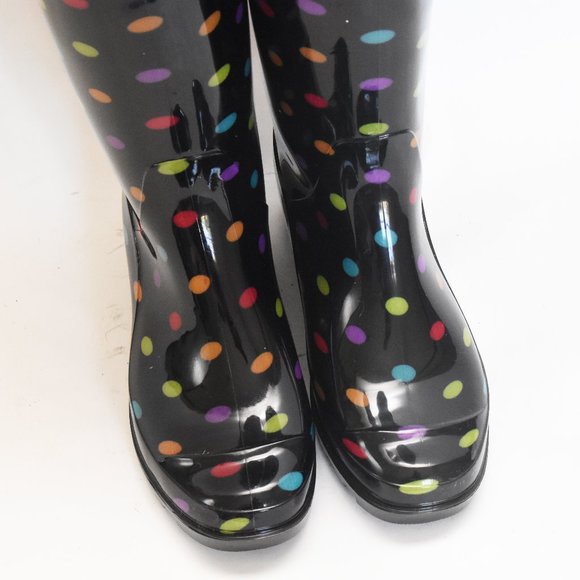 Arizona Jean Mulitcolor Black & Rainbow Polka-Dot Rain Boots Size 7 -AZ Winston- - Picture 8 of 10